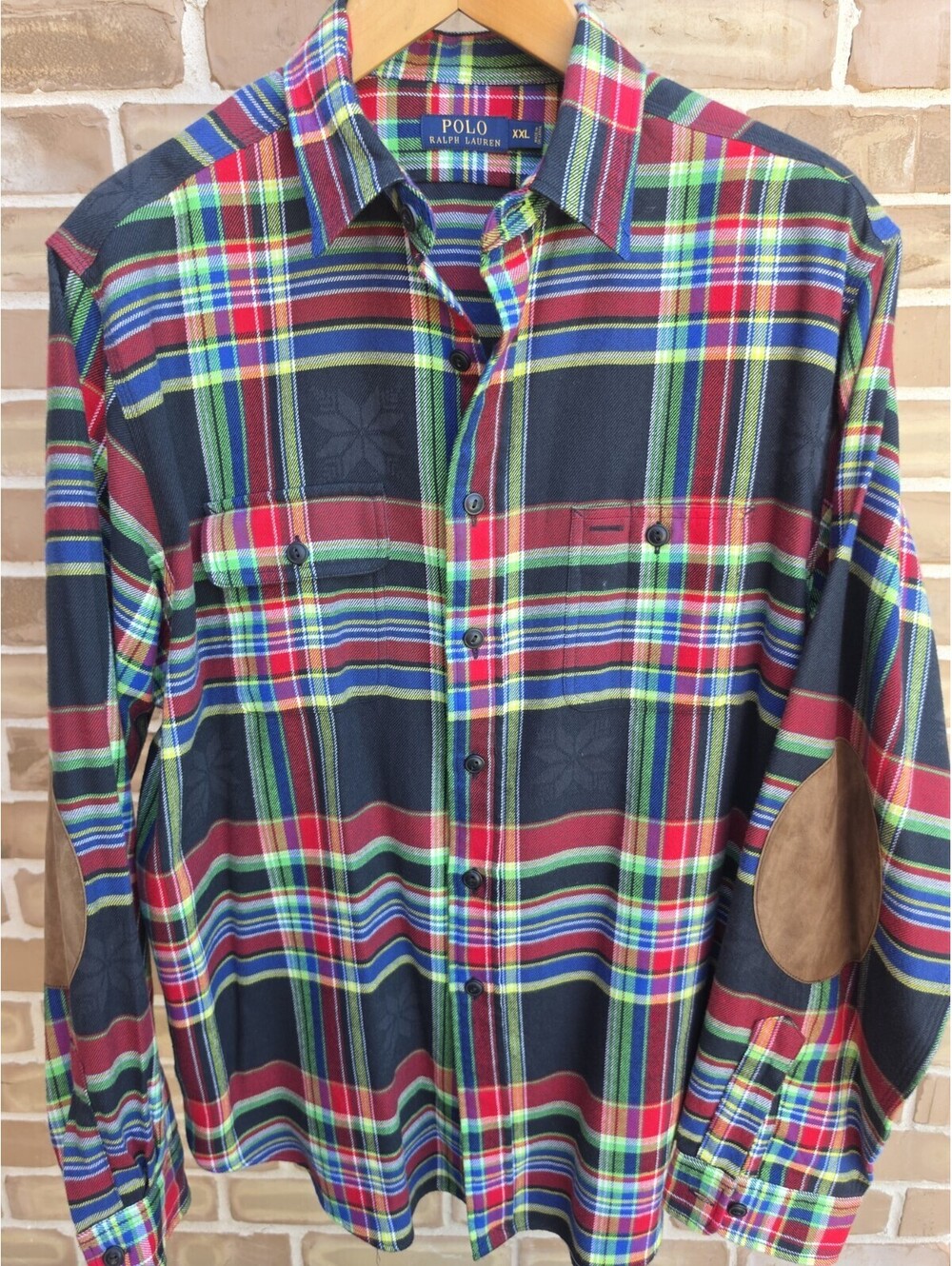 Polo Ralph Lauren XXL Tartan Plaid Flannel Shirt Suede Elbow Patch Snowflake